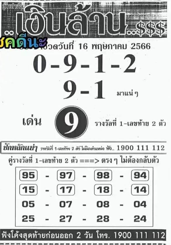 เลขหวยเงินล้าน 16/5/66