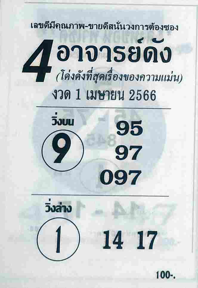 เลขหวย 4 อาจารย์ดัง 1-6-66