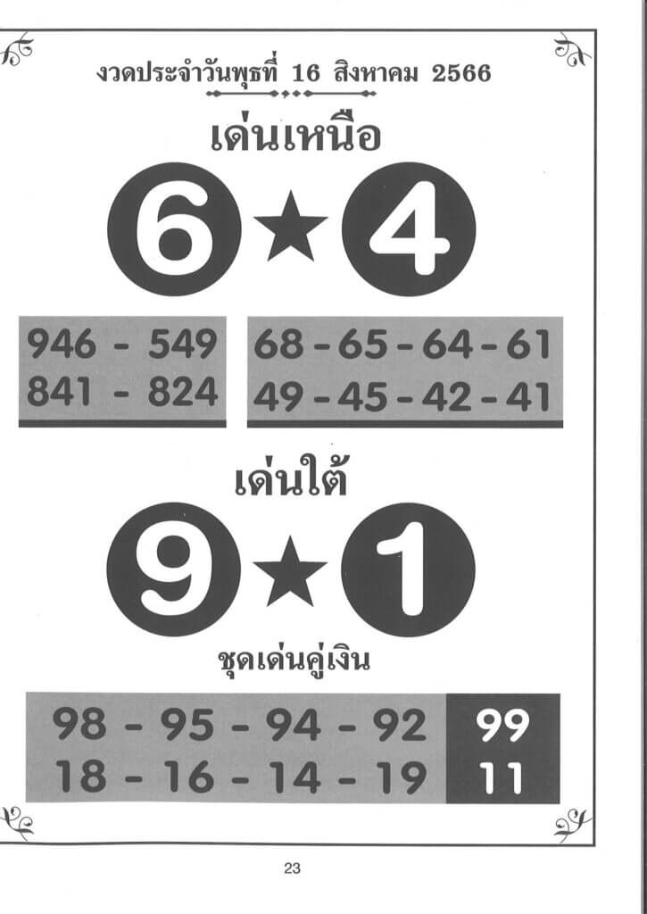 หวยไทย เด่นเหนือใต้ 16/8/66